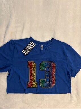 Blue Short Sleeve Tee with Rainbow '13' Graphic